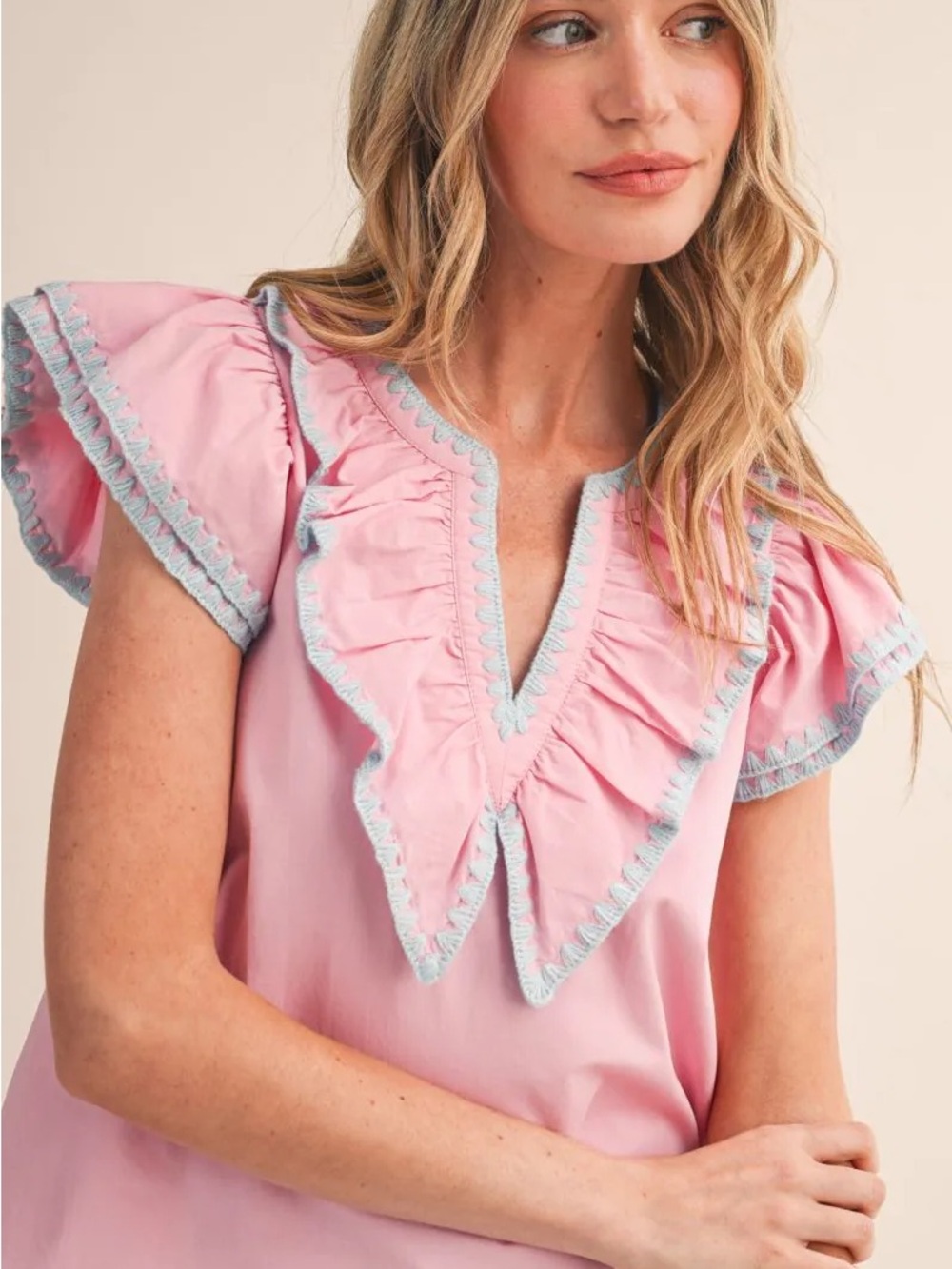 NWT & MERCI Pink Ruffle V-Neck Blouse with Light Blue Trim